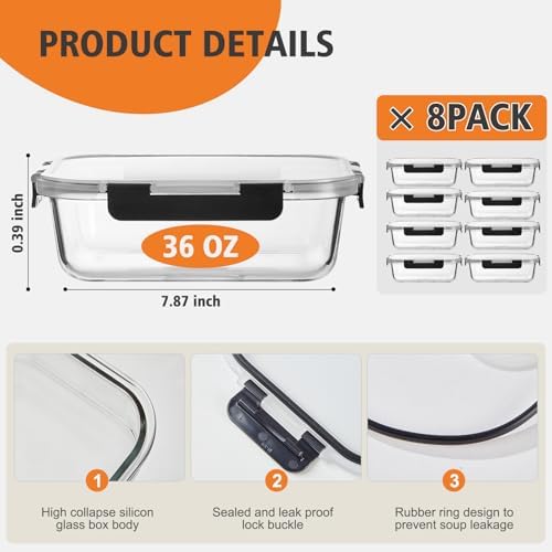 8 Pack 36OZ Glass Food Storage Containers with Lids, Meal Prep Containers, Airtight Bento Boxes with Leak Proof Locking for Microwave, Oven, Freezer and Dishwasher, BPA Free