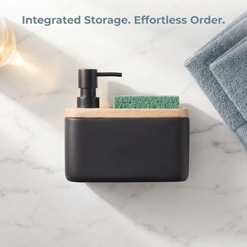 2-in-1 Ceramic Soap Dispenser with Sponge Holder,Black,17 Oz
