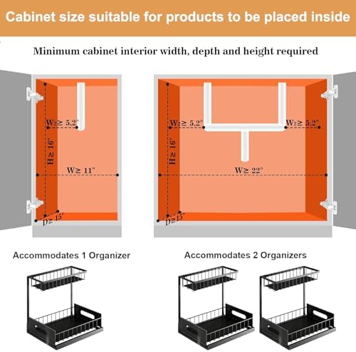 2 Pack Under Sink Organizer, Height Adjustable Pull Out Cabinet Shelf, Heavy Duty Metal Sliding Drawer, Rust-Resistant Storage for Kitchen Bathroom Pantry, Fits Tall Bottles & Plumbing P-Traps