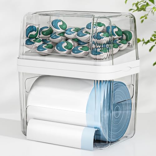 2-in-1 Trash Bag Holder Laundry & Dishwasher Pods Container,Garbage Bag Dispenser with Removable Lids,Kitchen Organizer and Under Sink Storage Box