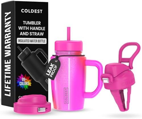 Coldest Tumbler with Handle and Coffee Lid - 100% Spill Proof Tumbler with Straw (3 Lids) - Stainless Steel Insulated Leakproof Tumblers for Women & Men - Cup Holder Friendly - 15 oz (Kissed Dream) by Coldest