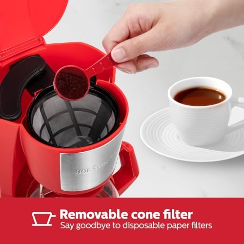 Holstein Housewares 5 Cup Drip Coffee Maker – Compact and User-Friendly with Auto Pause & Serve, Reusable Filter & Glass Carafe, Office & Dorm Use, Red - Image 3
