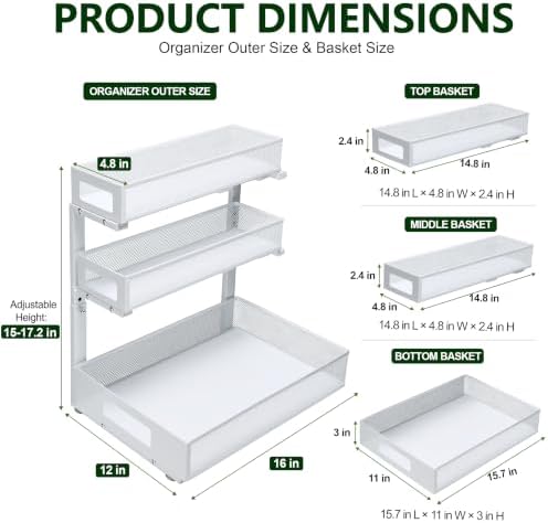 3 Tier Under Sink Organizer for Bathroom, Pull Out Drawers, 2 Pack