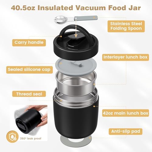 Thermo for Hot Food Adults, 40.5oz Wide Mouth Soup Thermo Lunch Containers with Spoon, Stainless Steel Vacuum Insulated Bento Lunch Box,Lunch Containers with Handle(Black)