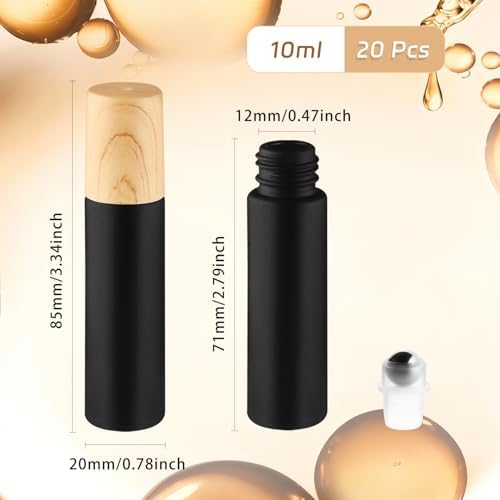 20 Pack 10ml Black Frosted Glass Roller Bottles with Wood Grain Caps Roll-On Containers for Massage Oils and Lotion - Image 2