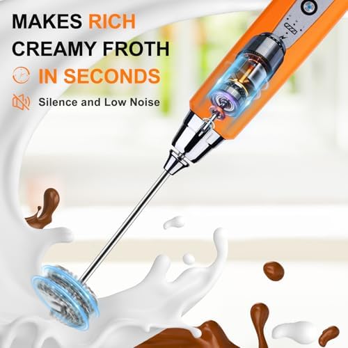 YUSWKO Fluorescence Orange Handheld Milk Frother Wand for Coffee, Rechargeable Electric Whisk with 3 Heads 3 Speeds Drink Mixer Coffee Frother For Latte, Cappuccino, Hot Chocolate, Egg - Image 6