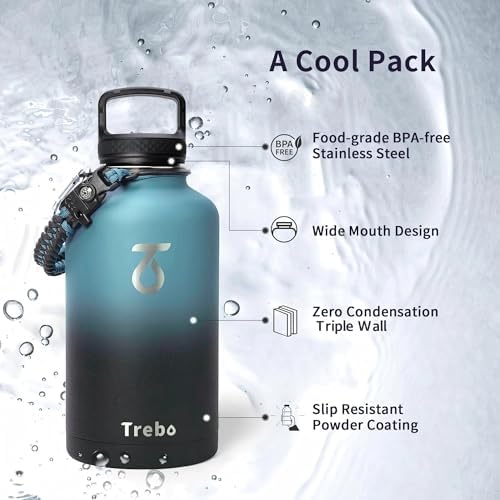 64 oz Water Bottle Stainless Steel with 3 Lids, Paracord Handle & Bag