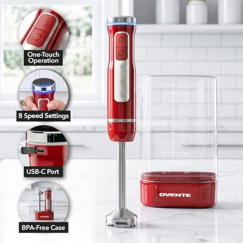 OVENTE Cordless Hand Blender, Rechargeable with 8 Mixing Speed Red HR781R - Image 2