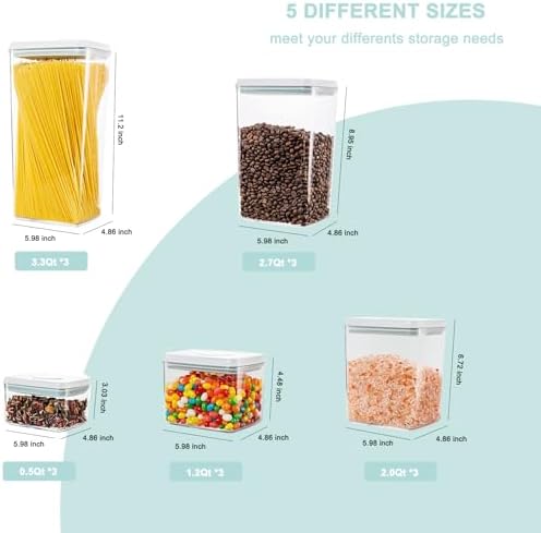 Pop Airtight Food Storage Containers with Lids for Kitchen Pantry Organizing Stackable Container for Cereal Snack Flour Sugar Coffee Spaghetti -15 Pcs(0.5, 1.2, 2.0, 2.7, 3.3qt)*3