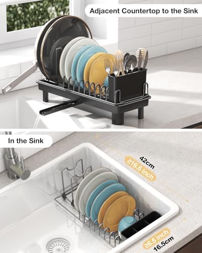 Small Dish Drying Rack with Drainboard, Compact for Kitchen Counter, Black