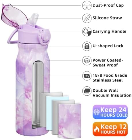 BJPKPK 25 oz Insulated Water Bottle, Straw, Handle, Stainless Steel Flask - Image 2