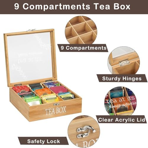 Bamboo Tea Box Organizer,Rustic Tea Storage with 9-Slot