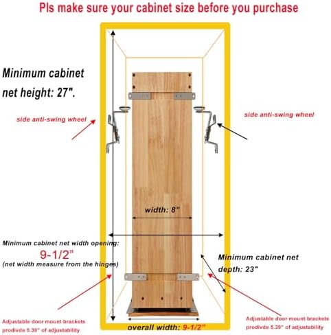 Pull Out Spice Rack Cabinet Organizer, (8" W x 21.9" D x 25.2" H) Multi-Use Soild Wood Pull Out Cabinet Organizer Slide Out Shelf Sliding Base Cabinet Storage Organization