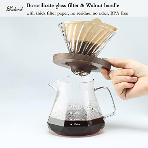 Pour Over Coffee Maker, 20 oz Borosilicate Glass Carafe with 100 pcs V60 Paper Filter, Walnut Handle & Glass Lid, Drip Coffee Maker for Home Café Restaurant Camping, 600 ml, Clear
