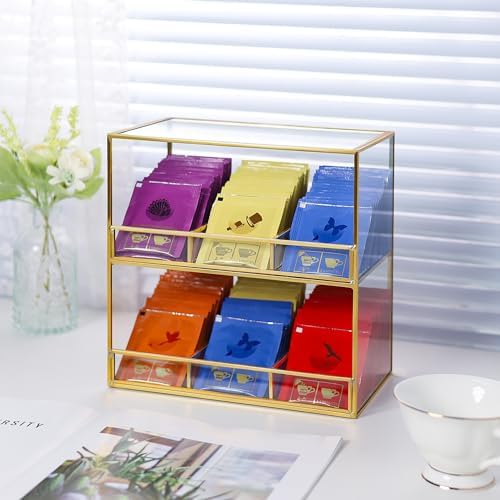 Glass Tea Bag Organizer for Counter, 2-Tier Teabag Organizer Storage Holder for Tea Bags, Glass Caddy Box Containers, Rack Teabag Station Stand for Cabinet Kitchen, 2-Tier, Gold