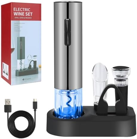 Electric Wine Bottle Opener Set- Silver, Automatic Wine Bottle Opener with Led Light, Rechargeable Corkscrew Kit with Aerator，Foil Cutter，Stoppers