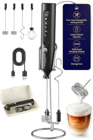 Rechargeable Milk Frother with Stand, 4 Interchangeable Whisks & Travel Case – Handheld Mixer for Lattes, Matcha, Hot Chocolate, Eggs & Protein Shakes by NewEnglandStories
