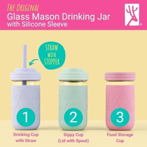 Kids/Toddler 12oz Glass Mason Jars + Sleeves + Lids | 4pk