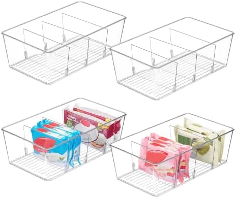 4 Pack Food Storage Organizer Bins, Clear Plastic, 4 Compartments