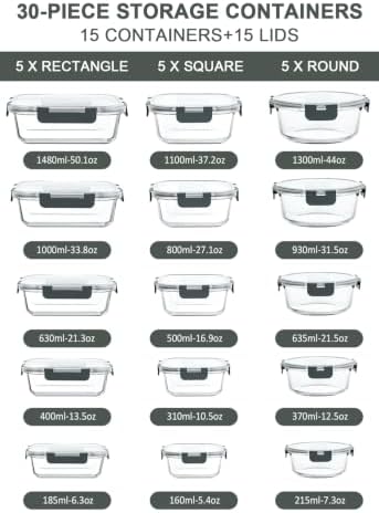 30 Piece Extra Large Glass Food Storage Containers with Lids,Gray