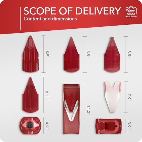 Mandoline Food Slicer Börner V1 (Profi Set) by Reston Lloyd • V-Slicer with 4 Inserts, Docking Station & Food Holder • Made in Germany • Fruit & Vegetable Chopper • Multiple Settings • Color: Red - Image 6