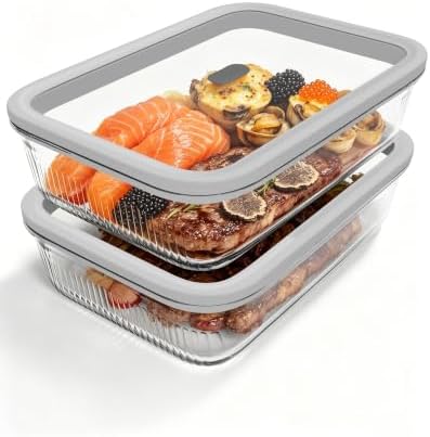 2 Pack Glass Food Storage Containers with Tempered Glass Lids & Steam Valve, 74oz(9.3 Cup) Airtight Leak-Proof Meal Prep Containers for Microwave/Oven/Freezer, Borosilicate Glass, Gift Box