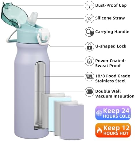 BJPKPK 25 oz Insulated Water Bottle, Straw, Handle, Stainless Steel Flask - Image 2