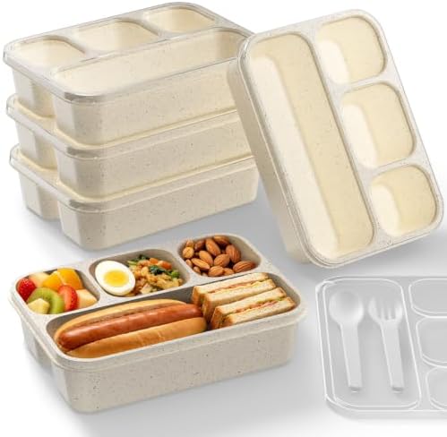 Bento Box 5-Pack, 4-Compartment Lunch Box for Women, Men & Kids, BPA-Free Wheat Straw Snack Containers, Ideal for Meal Prep, Travel, School, Work (White)