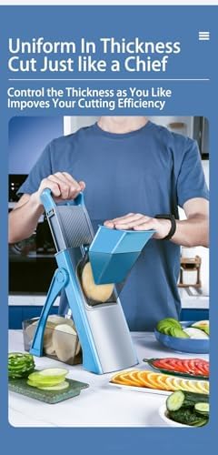 New Upgrade Safe Mandoline Slicer Plus, Biger Size, Adjustable Vegetable Food Chopper Potato Fries Cutter, Detachable Blade, Kitchen Chopping Artifact with Container. Blue - Image 5