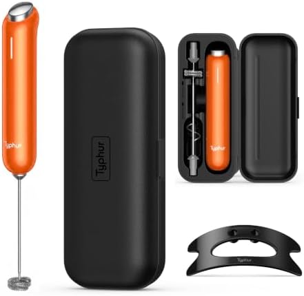 Typhur InstaWhisk Electric Milk Frother with Storage Case & Stand - 1500mAh Type-C Rechargeable Handheld Coffee Foamer Wand, Stepless Speed, Dual Whisks for Cold Foam, Latte, Matcha, Protein, Orange by Unknown