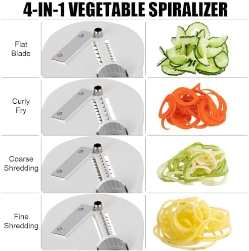 Vegetable Spiralizer 4-IN-1 Rotating Blade Veggie Spiralizer Zucchini Noodle Maker with Strong Suction Cup Spiral Vegetable Cutter Slicer - White