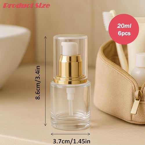 6Packs 20ml Clear Glass Lotion Pump Bottles, Golden - Image 2