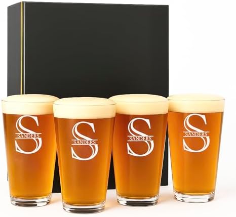 Personalized Glass Set of 4 - Custom Engraved Drinking Pint Glasses - Great Gifts for Men, Women, Family - For Valentine's, Anniversary, Housewarming, Christmas (Pint [x4])