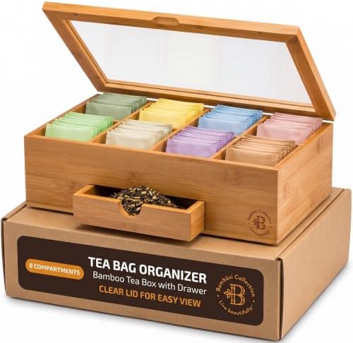 Tea Bag Organizer Box 8-Compartment Tea Storage Holder, Bamboo