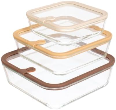Glass Food Storage Containers, Set of 3 - Airtight Vacuum Sealed Steam Vent Lids - Square Borosilicate Glass Dishes with Ombre Green Lids - Assorted Sizes for Meal Prep & Leftovers, Brown