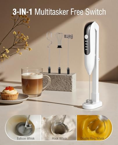 Milk Frother Handheld: LED & Wireless Charge, 3 Heads 3 Speeds -Cloud White - Image 6