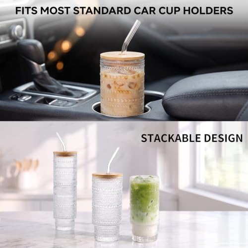 Glass Cups with Lids and Straws, 2 Pack 16 oz Hobnail Iced Coffee Cups with Bamboo Lids, Vintage Borosilicate Glass Tumblers for Water, Juice, Smoothies and Matcha