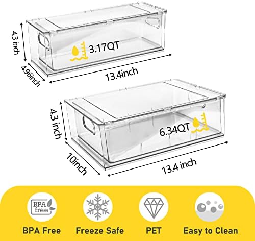 3 Pack Refrigerator Organizer Bins with Pull-out Drawer Stackable Clear Fridge Drawer Organizer Fruit Vegetable Storage Containers for Kitchen Pantry Organization (1 Large+2 Small)
