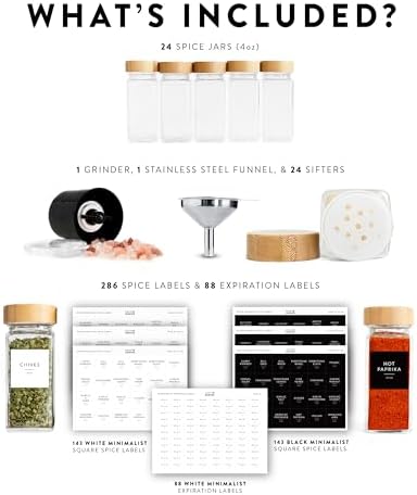 Glass Spice Jars with Label, 24PK Bamboo Jar Spices Set 4oz, 374 Spice Labels, Pepper Grinder, Empty Herb Seasoning Containers, Funnel and Shaker Lids