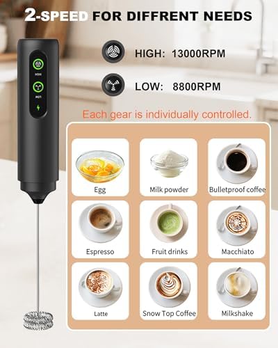 2-Speed Rechargeable Milk Frother Handheld, Black - Image 3