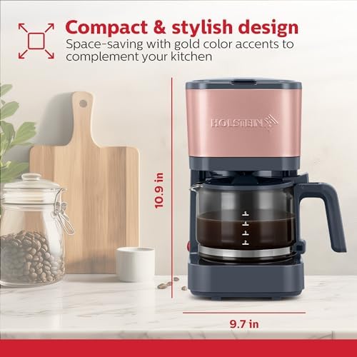 Holstein Housewares 5 Cup Coffee Maker – Compact Drip Coffee Machine with Auto Pause & Serve, Reusable Filter, Glass Carafe, Water Window & Warming Plate. Dark Grey & Rose Gold - Image 6