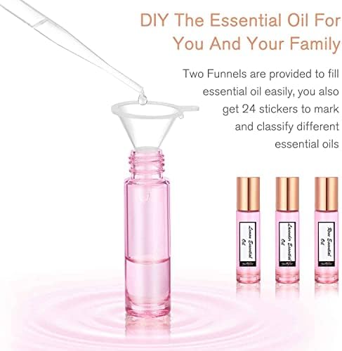 PrettyCare 24 Pack, 10 ml Essential Oil Roller Bottles with Stainless Steel Roller Ball - Refillable Leak-proof Empty Thick Pink Glass Roll on Bottles with Metal Caps for Travel, Perfume - Image 4