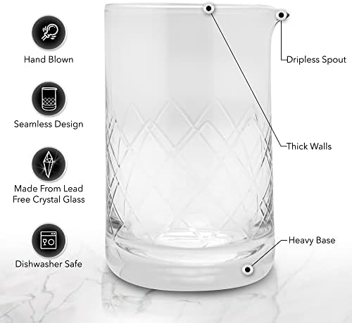 Professional Bartending Set for Shaken and Stirred Drinks: Boston Cocktail Shaker, Hawthorne Strainer, Japanese Jigger, Bar Spoon and Crystal Mixing Glass