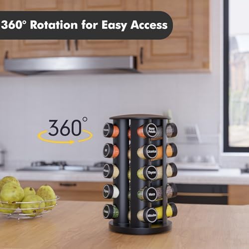 Revolving Spice Rack Set with 20 Spice Jars, Kitchen Spice Tower Organizer for Countertop or Cabinet - Carousel Storage Includes 386 Spice Labels (Black)