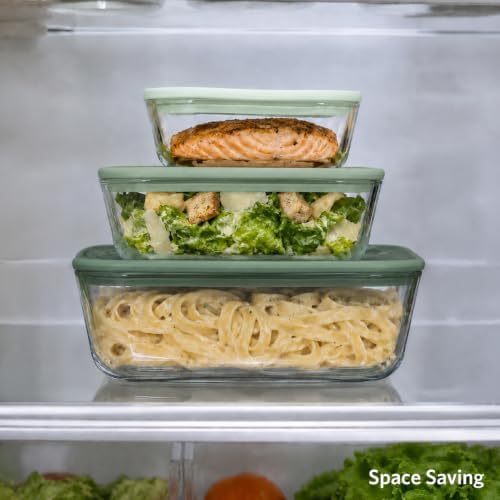Glass Food Storage Containers, Set of 3 - Airtight Vacuum Sealed Steam Vent Lids - Square Borosilicate Glass Dishes with Ombre Green Lids - Assorted Sizes for Meal Prep & Leftovers, Sage