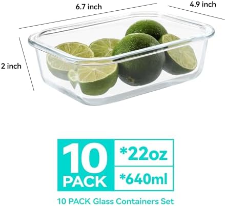 10 Pack 22 oz Glass Meal Prep Containers, Glass Food Storage Containers with Airtight Lids, BPA-Free, Freezer and Microwave Safe, Green