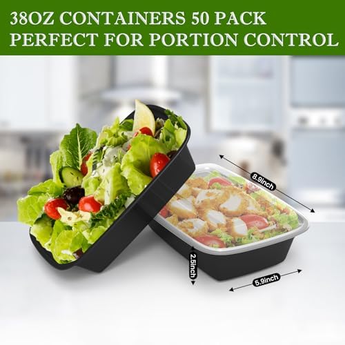 Meal Prep Containers 50 Pack 38oz Reusable, Leakproof Food Storage Containers with Lids, BPA-Free Plastic To Go Take Out Bento Box Stackable Microwave & Freezer Safe