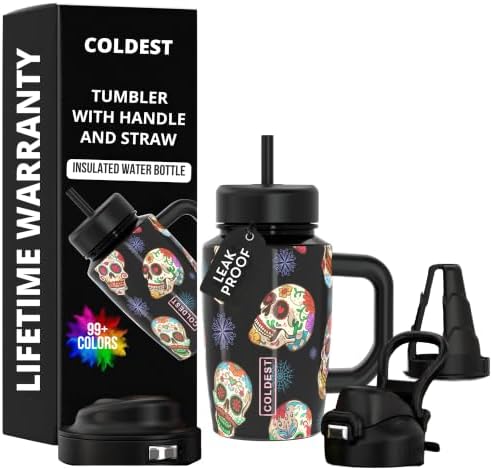 Coldest Tumbler with Handle & Coffee Lid - 100% Spill Proof Tumbler (3 Lids) - Stainless Steel Insulated Leakproof Tumblers for Women & Men - Cup Holder Friendly - 15 oz (Sugar Skulls) by Coldest