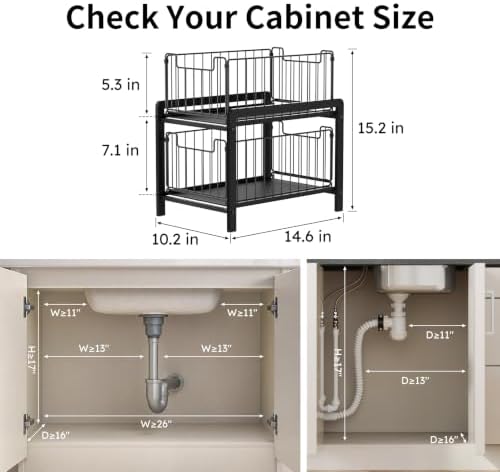 2 Tier Black Under Sink Organzier With Sliding Drawer