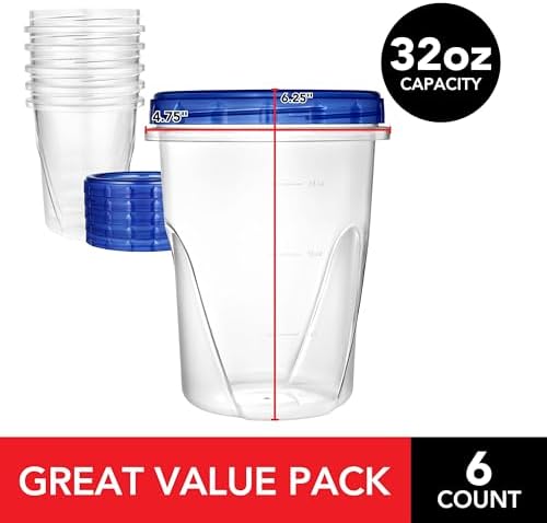 32oz Plastic Containers with Twist Top Lids (6 Pack), Quart Freezer Containers with Lids for Leftover Food, Airtight Reusable Soup Containers, Microwave and Dishwasher Safe